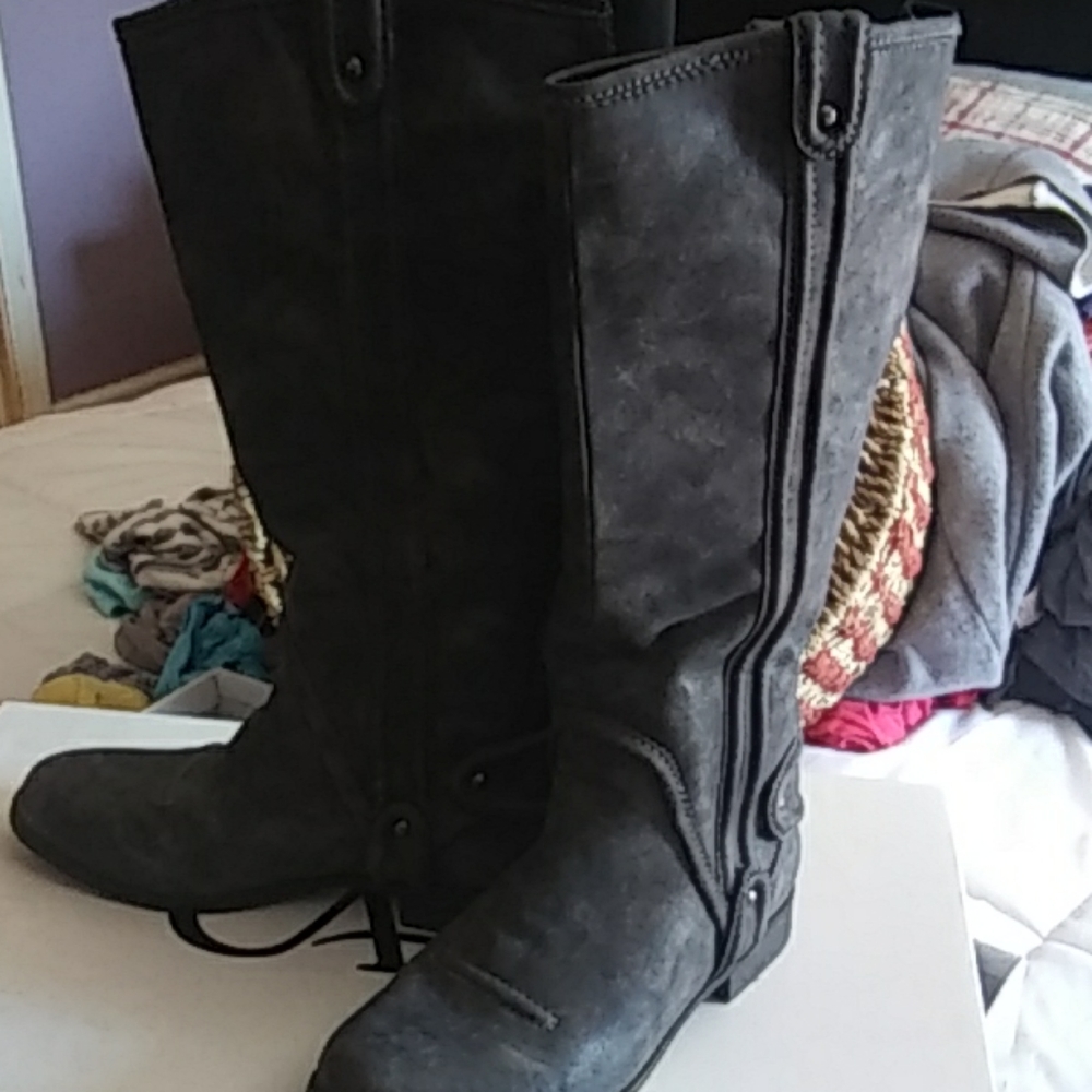 Tall gray rider boots